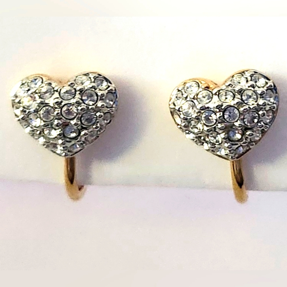 Swarovski Signed Pave Heart Clip Earrings